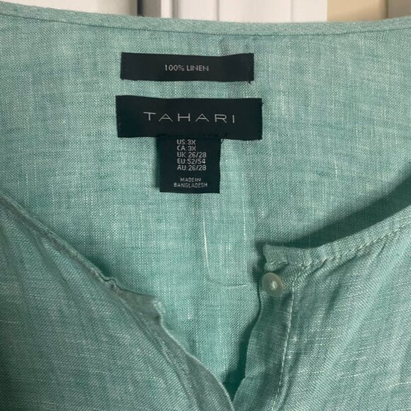 (2) Tahari linen tunic blouses 3X green brown stripe - Picture 5 of 12